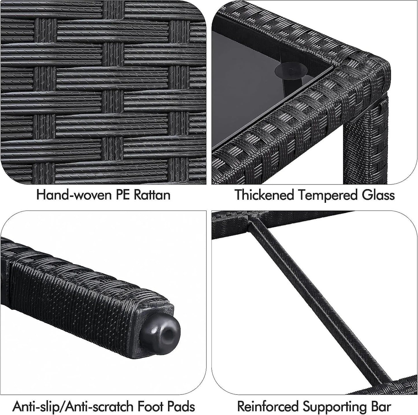Outdoor Wicker Coffee Side Table All-Weather Rattan Patio Storage with Tempered Glass Top Black