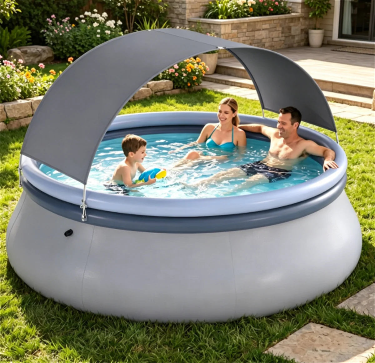 118" x 68" Large Capacity Outdoor Inflatable Swimming Pool with Sunshade Tent, Tear Resistant Heavy-Duty PVC Blow Up Pool, Portable 6-Person Family Water Pool Complete with Repair Kit for Backyard Garden Summer Party