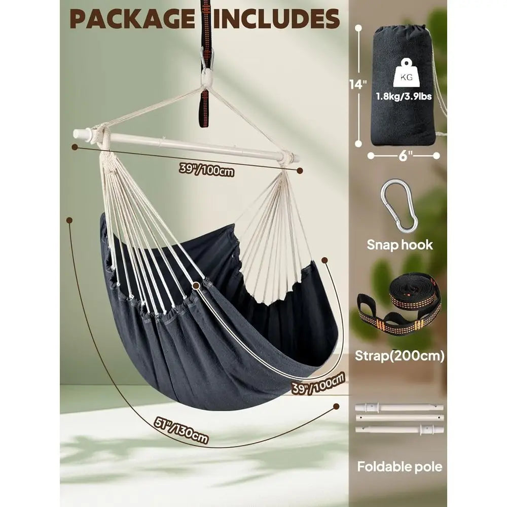 Hammock Chair Swing - Strong Metal, Collapsible, Portable, Max 500 lbs, Comfy Seat, Patio & Lawn, Cotton Blended, Indoor/Outdoor