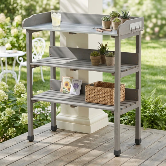 30″×14.5″×35.5″ 3-Layer Outdoor Potting Table Metal Tabletop Solid Wood Work Bench with Hook for Garden Garage