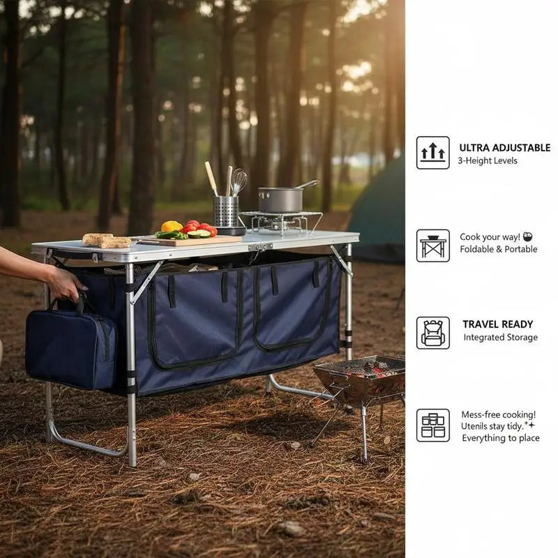 Camping Kitchen Table, Folding Outdoor Cooking Table, 3 Adjustable Height, Aluminum Lightweight Portable Cook Station with Storage Organizer, Carry Handle, for BBQ Party Picnic RV Travel, Blue