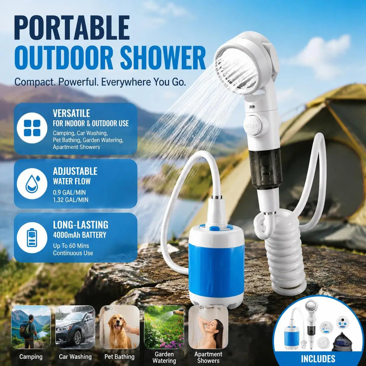 Rechargeable Portable Handheld Shower Sprayer For Outdoors And Pets