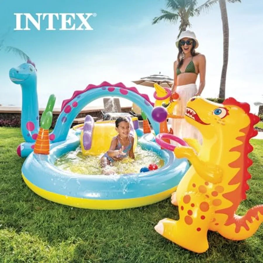 Dinoland Backyard Iatable Toddler Pool and Ocean Iatable Pool Play Center with Iatable Pool Slide and Water Sprayers, Multicolo