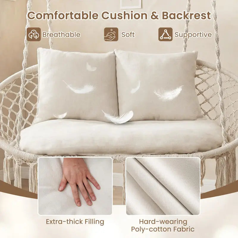 Double Swing Chair with Cushions Macrame Hanging Hammock Chair for Indoor and Outdoor Use-Beige