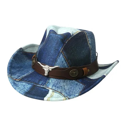 Men's Women's Denim Patchwork Western Cowboy Hat PU Leather Band Bull Head Decor