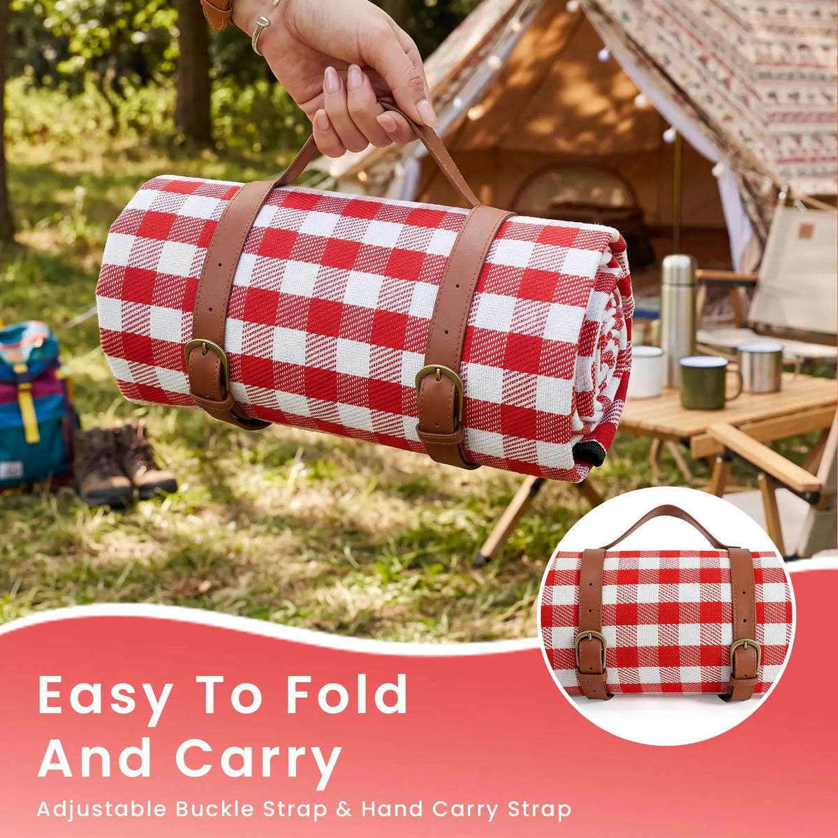 Extra Large Waterproof Picnic Blanket 79x79 Inch 3 Layer Sandproof Outdoor Mat With Soft Acrylic Top And TPU Backing Portable For Beach Park Camping Lawn Red White Checkered
