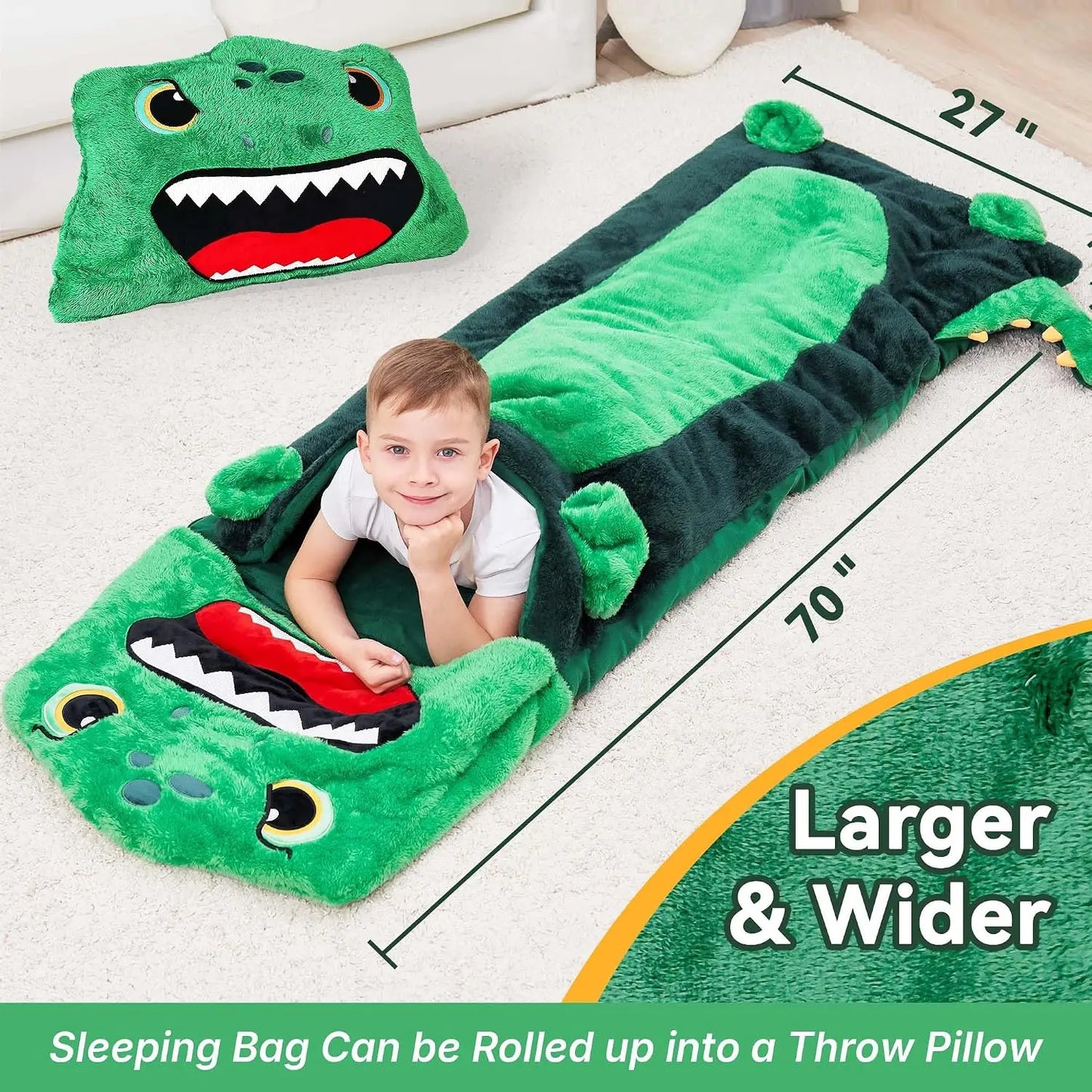 Dinosaur Sleeping Bag for Kids, 2-in-1 Nap Mat & Pillow, Soft Plush Slumber Sack for Travel & Daycare, Ages 3-12