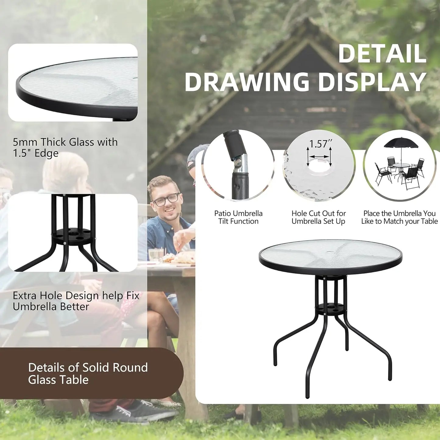 6 Piece Folding Metal Patio Dining Set Outdoor Table Chairs with Umbrella Hole for Lawn Deck Backyard Garden Black