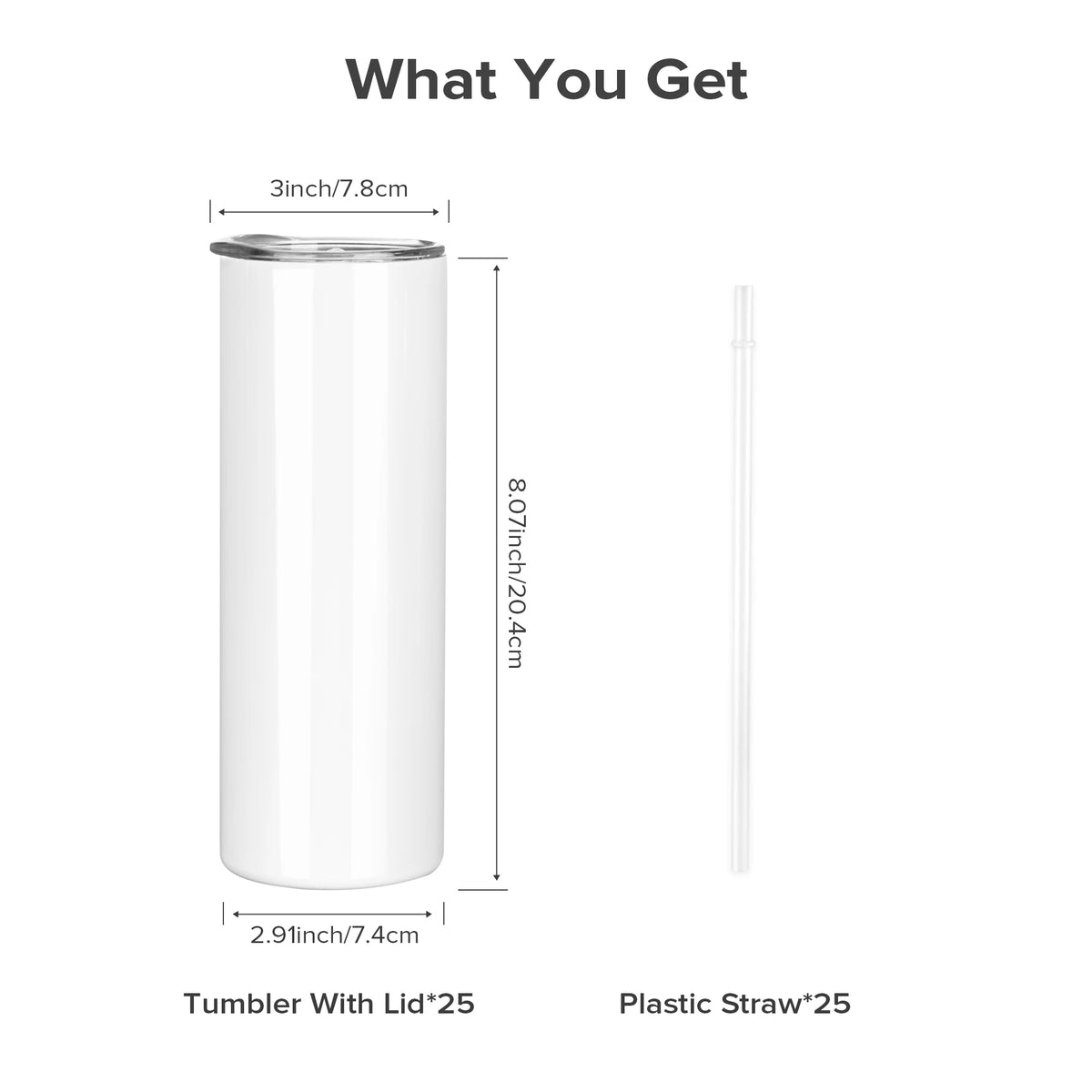 Sublimation Tumblers Blanks 20 oz 25 Pack Skinny Straight Tumblers Bulk Stainless Steel Insulated Sublimation Cups with Lid and