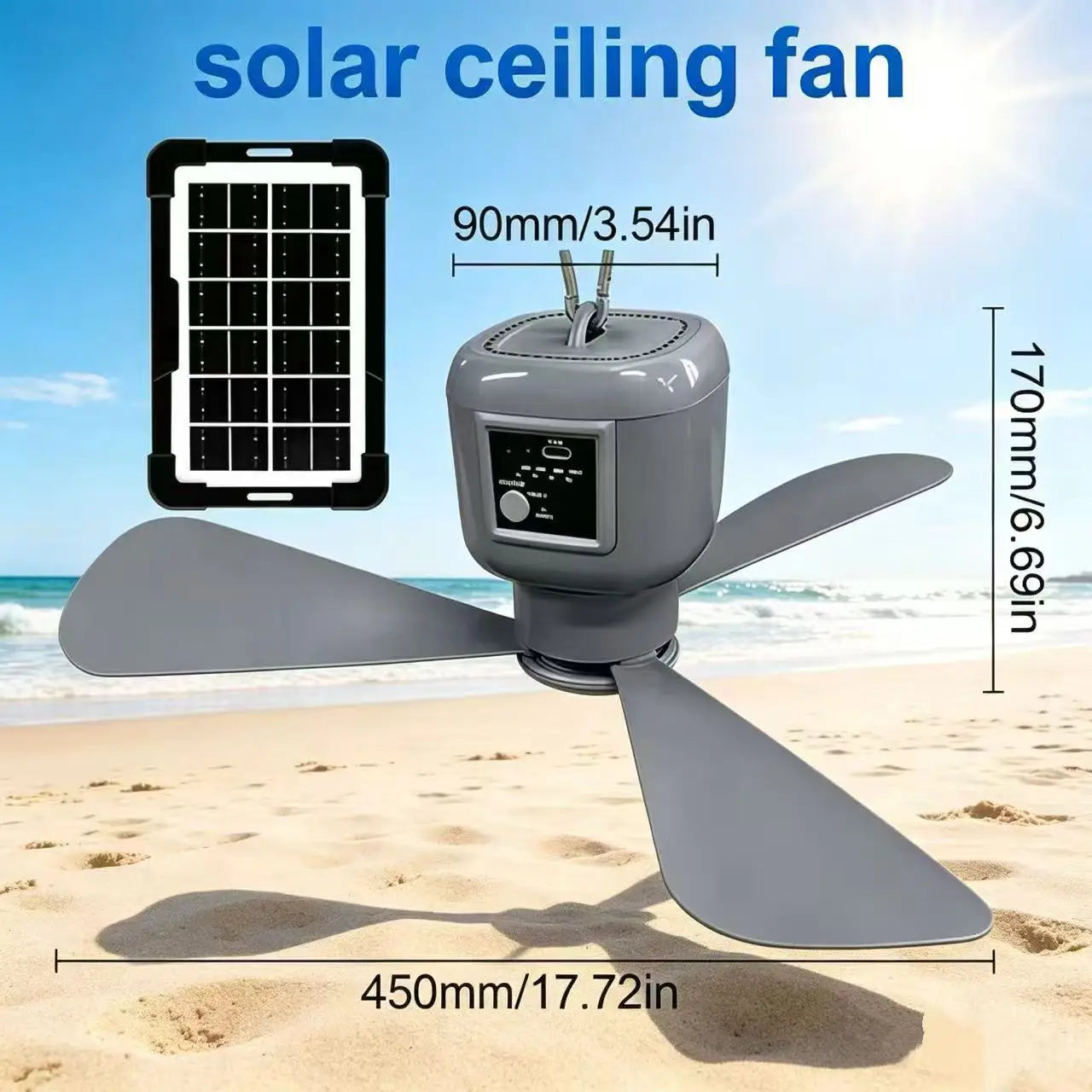 18-inch solar fan, rechargeable camping fan, outdoor emergency hanging fan, solar panel or USB charging function, 3-speed wind adjustment, suitable for indoor portable fan