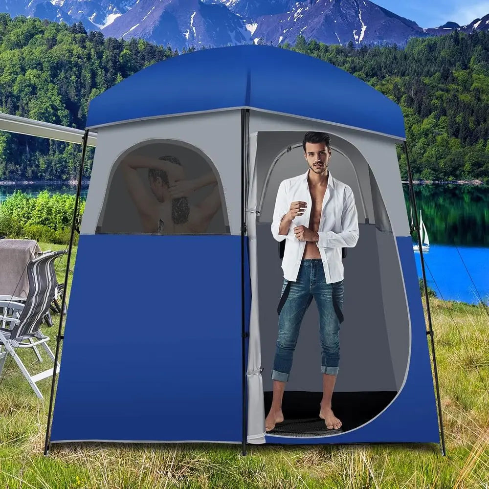 Spacious Double Room Shower Tent with Floor, Portable Privacy Shelter for Camping, Removable Rainfly, Storage Bag and Toilet