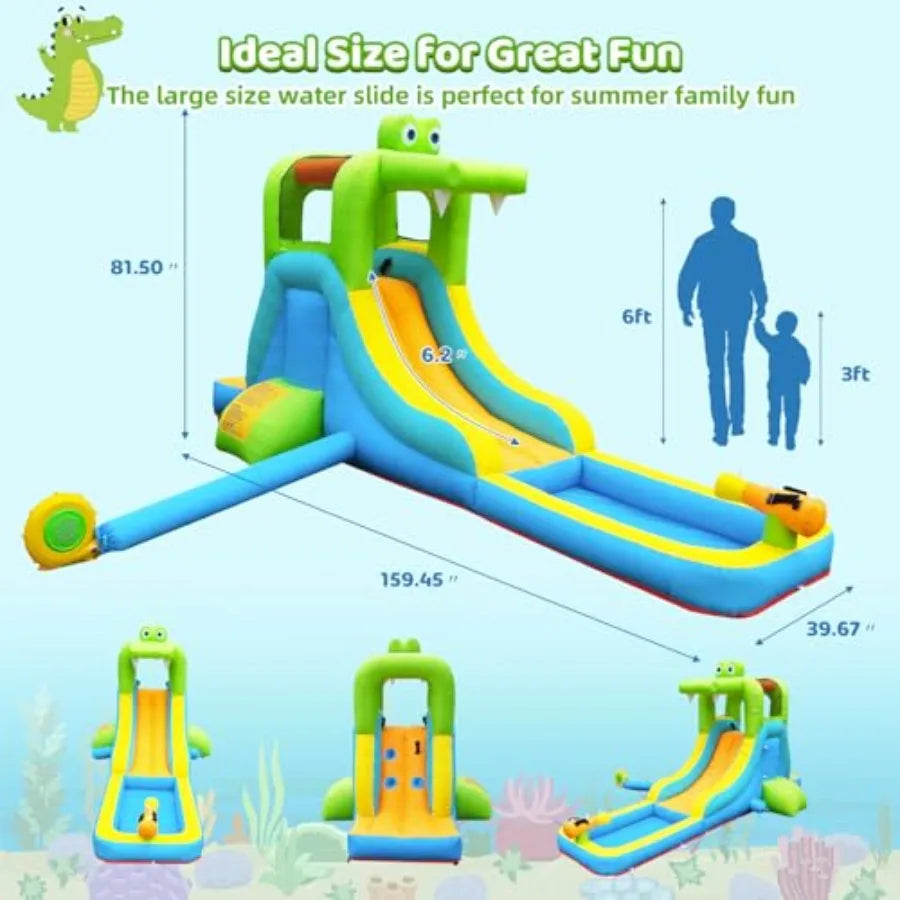 Iatable Water Slide - Crocodile Theme Bounce House Water Park with Blower, Climbing Wall, Splash Pool, Water Cannon, Blow up To
