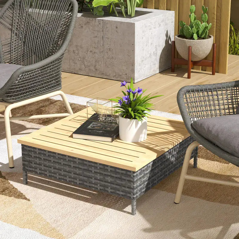 Outdoor PE Rattan Side Table With Fir Wood Top Weatherproof