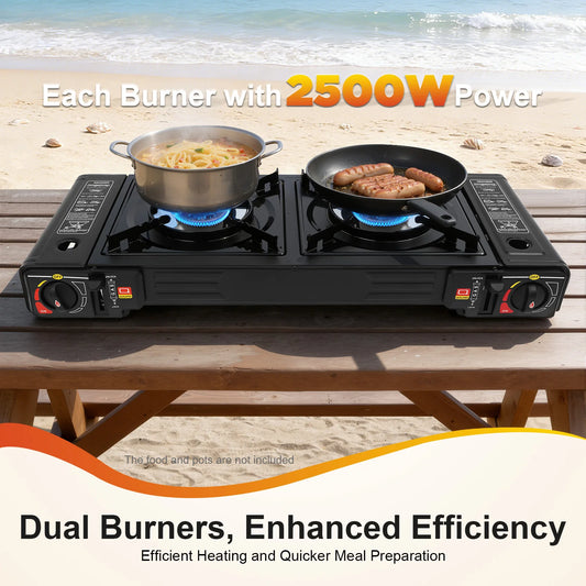 2500W Camping Stove with Storage Case, 63cm Table Top Gas Stove, Portable 2 Burner Outdoor Cooking System for Picnic BBQ Camping Trip Backyard Family