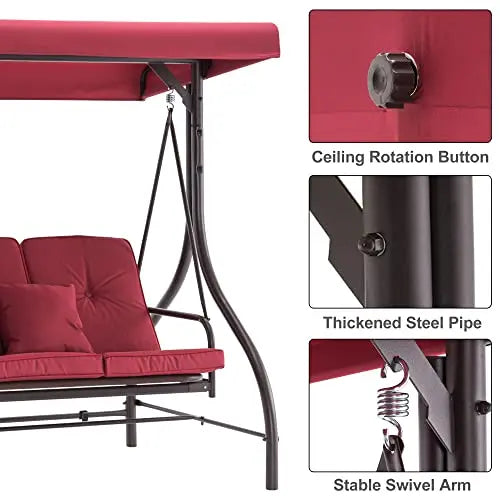 Burgundy 3-Seater Outdoor Swing With Detachable Cushions, Adjustable Canopy, And Convertible Glider Design For Patio Deck Garden