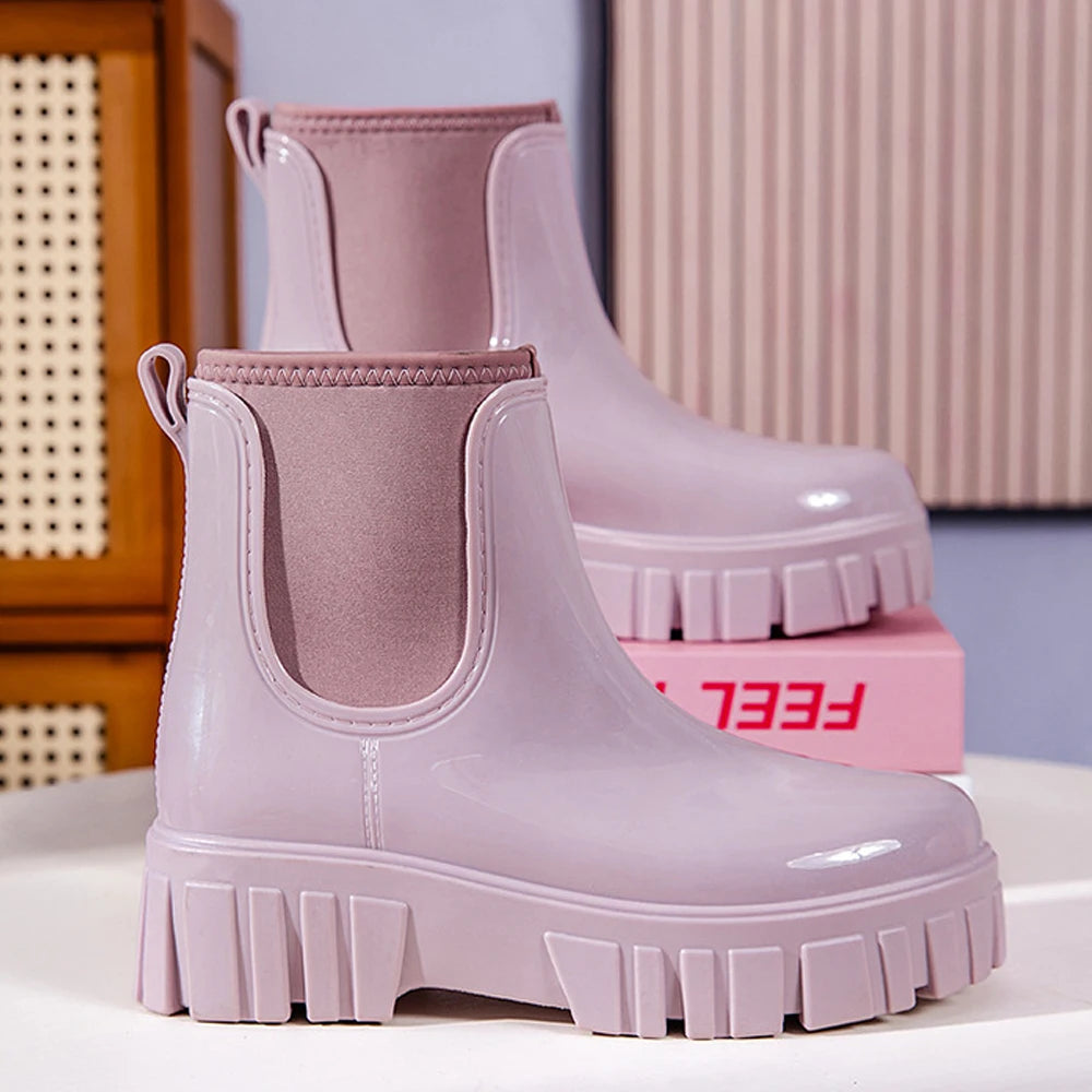 Women Waterproof PVC Rain Ankle Boots Anti Slip Thick Sole