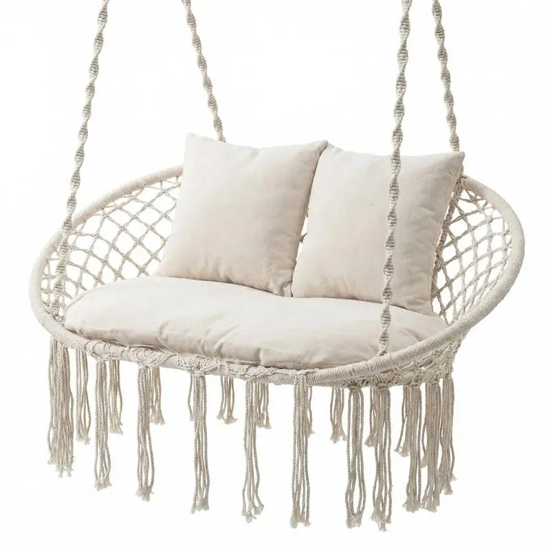 Double Swing Chair with Cushions Macrame Hanging Hammock Chair for Indoor and Outdoor Use-Beige