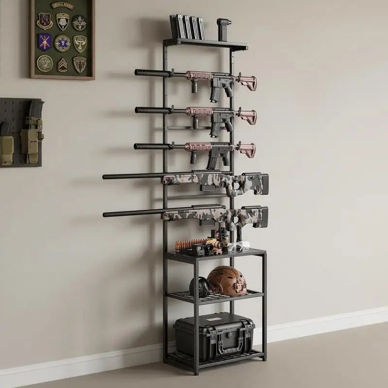 Floor Standing Gun Rack With Storage Shelf Holds Five Rifles