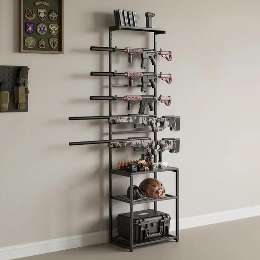 Floor Standing Gun Rack With Storage Shelf Holds Five Rifles