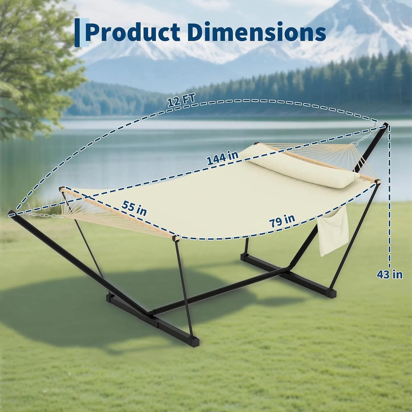 2-Person Hammock with Stand for Outside, 450lbs Double Hammock with Balance Rope and Pillow, Polyester Hammock Set for Backyard Poolside Camping Beach, Off White