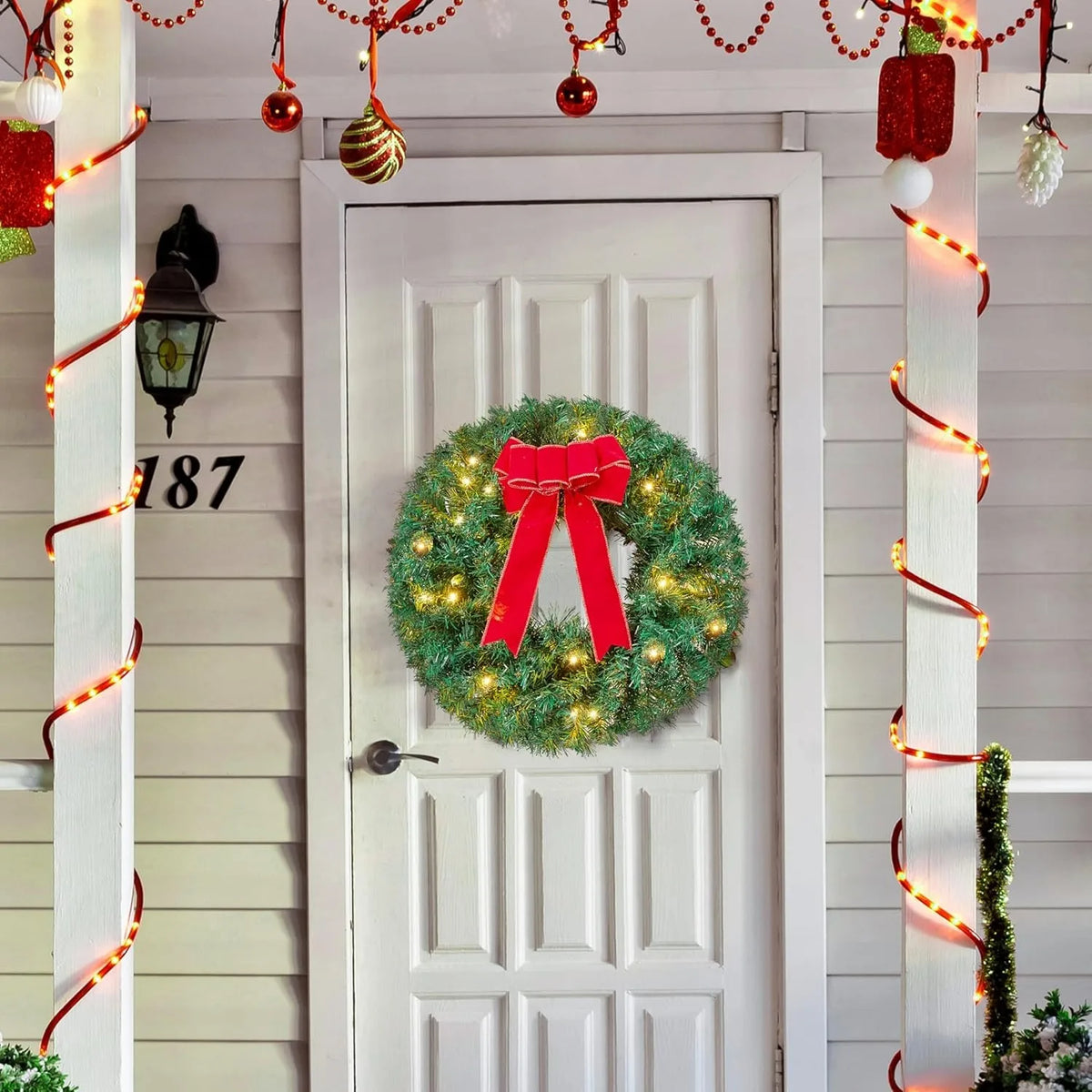 19" Christmas Pre-Lit Wreath with LED Lights with Ribbon 3 Pcs Wreaths for Front Door Windows Living Room and Indoor Outdoor Christmas Decorations Window Door Wreath Battery Operated